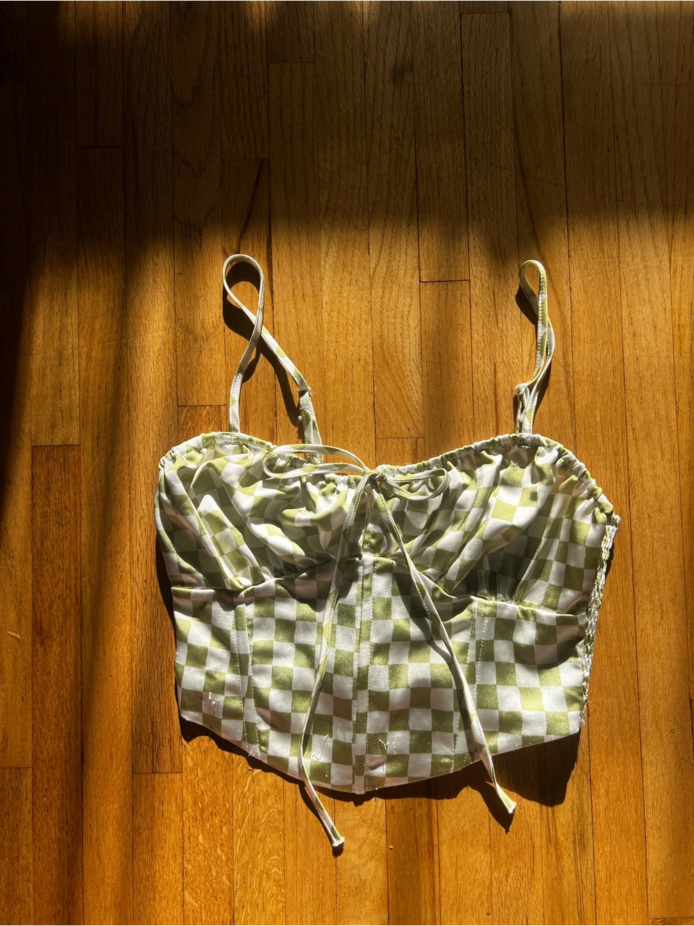 PacSun LA Hearts Green and White Checkered Satin Corset Crop Top